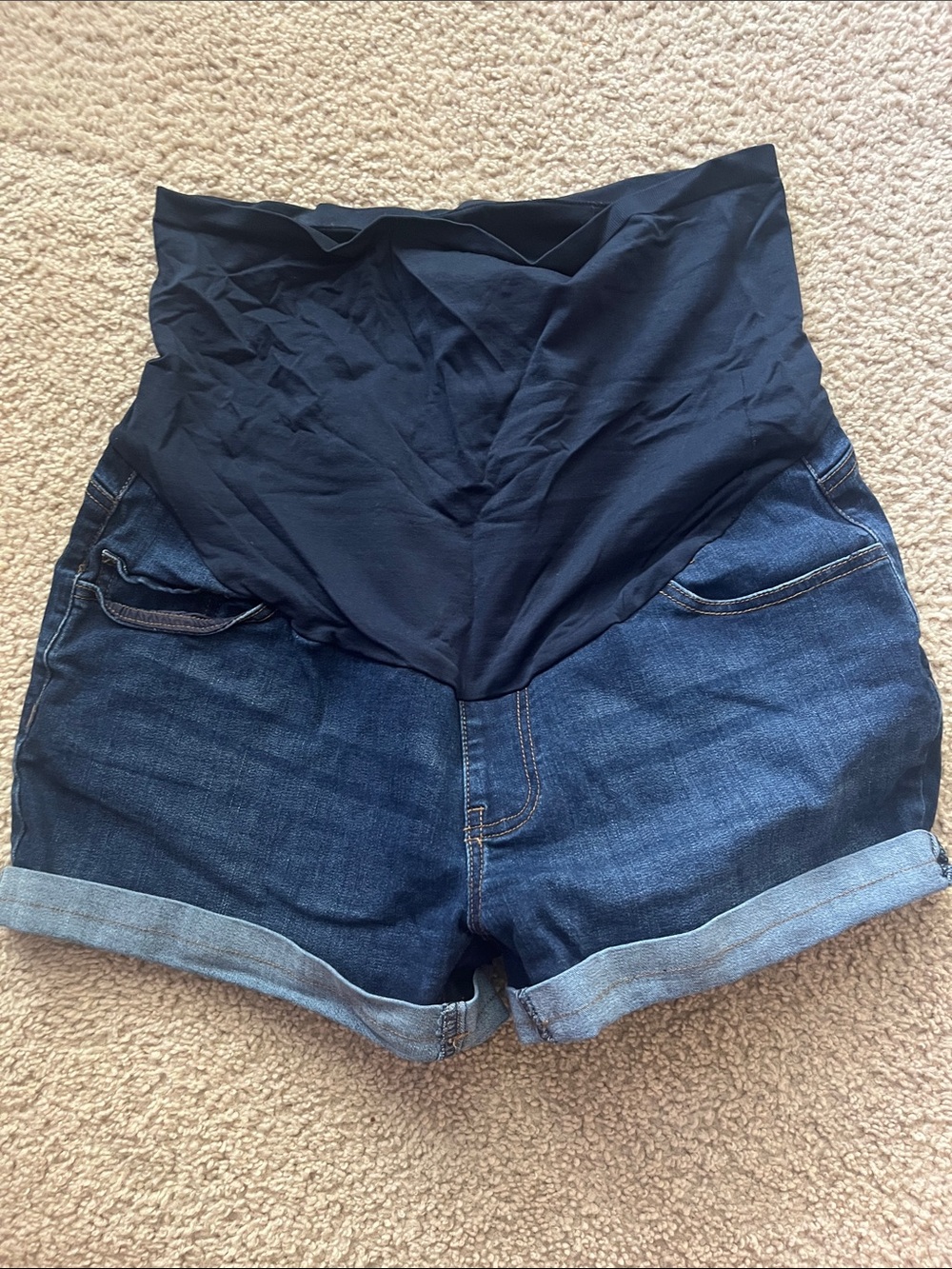 Time and Tru Dark Blue Maternity Jean Shorts with Black Panel